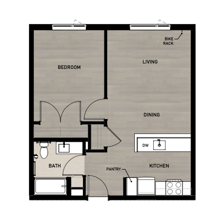 Floor plan for 1 bed, 1 bath, 572 sqft